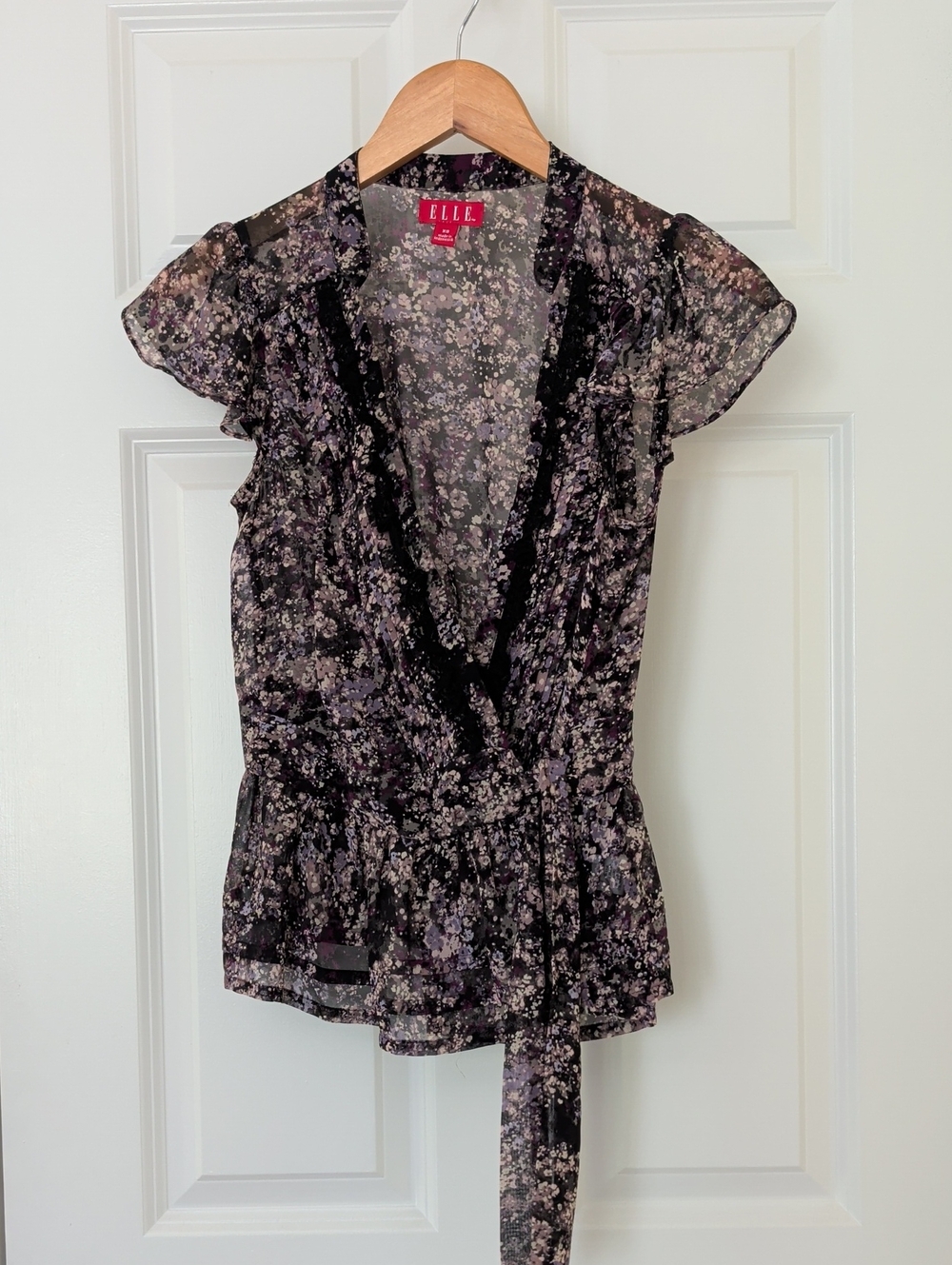ELLE Black Floral Tie-Waist Ruffle Blouse